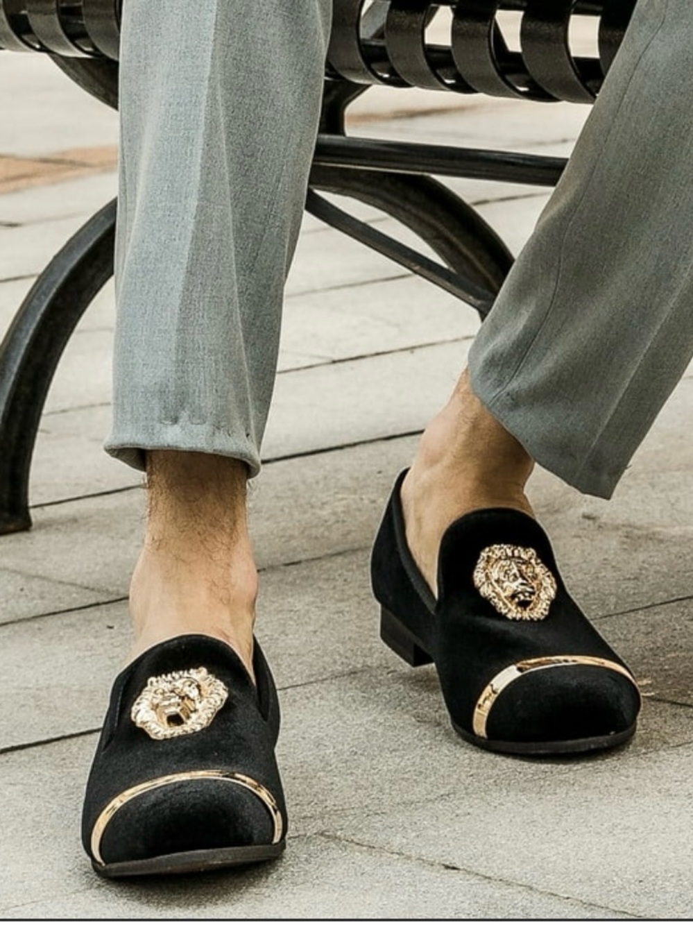 Men's Black Velvet Slip-On Loafers with Gold Lion Crest